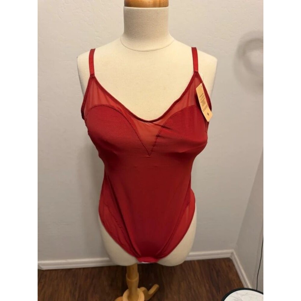 NWT Popilush Red Sheer Mesh Insert V-Neck Shaping Bodysuit – Size XXL